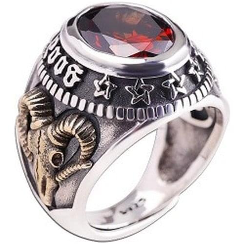 925 Silver colour Garnet stone Ring For Men Female Engraved Ram Men Fashion Sterling Thai Silver colour Jewelry