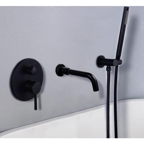 Bathroom Bathtub Faucet Brass Mixer Tap Hot & Cold Bath Shower With Handheld Wall Mount Single Handle Black/Chrome/Brushed Gold