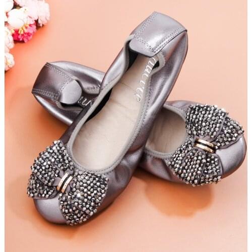 Size 34-44 Women Shoes 2021 New Round Toe Bow Loafers Slip On Flat Shoes Woman Foldable Ballet Flats Ladies Shoes Zapatos Mujer