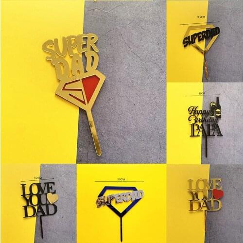 Love You Dad New Fathers Day Acrylic Cake Topper Golden Super Dad Baking Cake Topper for Dad Birthday Party Cupcake Decorations
