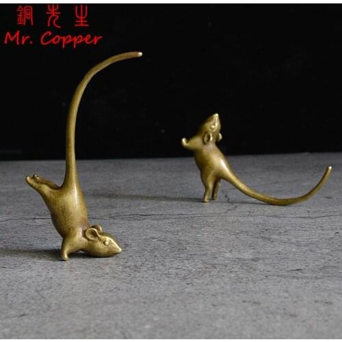 Long Tail Mouse Miniature Figurine Chinese Style Tea Pet Vintage Pure Copper Rat Ornament Desk Craft Home Decoration Accessories