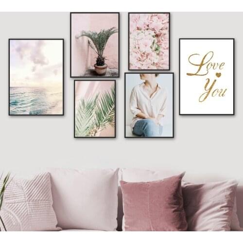 Sea Beach Pink Flower Potted Plants Woman Wall Art Canvas Painting Nordic Posters And Prints Wall Pictures For Living Room Decor