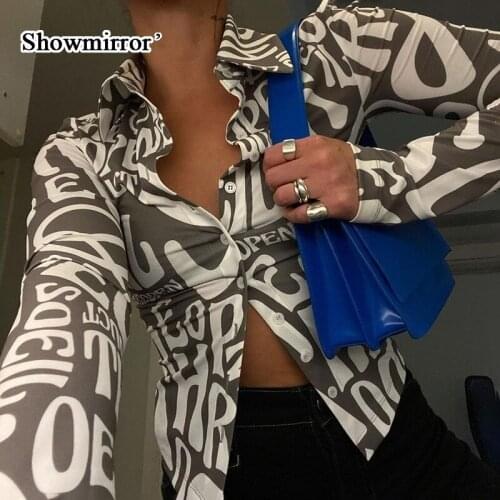 Showmirror G Fashion Letters Print Long Sleeve Turn-down Collar Tops and Blouses Shirts Top Slim Streetwear Button Up Cardigan