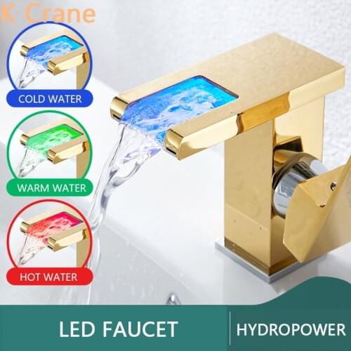 Temperature Sense Faucet Bathroom LED Light Gold Tap Basin Sink Hot Cold Water Mixer Grifo Waterfall Brass Faucets Luxury Taps