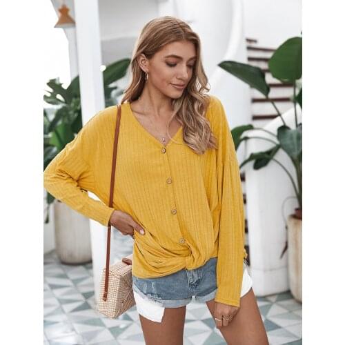 Women Elegant Knit V Neck Batwing Shirt Twist Knot Buttons Loose Casual Fashion Retro Camiseta Mujer Femme Office Pullover Tops