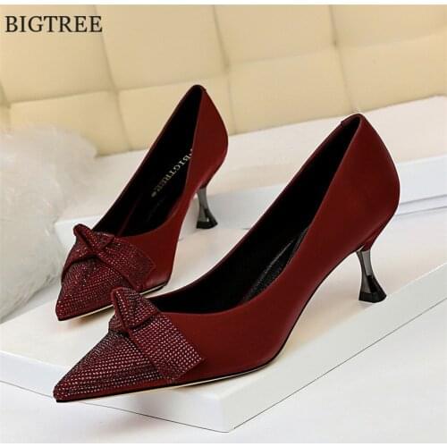 Wine red Crystal Bowknot Pointed Toe Women Pumps 2021 New Shallow 5.5cm Dress Elegant Metal High Heel Shoes Lady Wedding Size 40