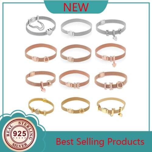 Real 925 Sterling Silver Gold Rose Original Reflexions Pan Bracelet Gift Set For Women Bead Charm Bangle Diy Jewelry