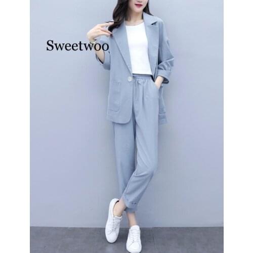 Women Autumn summer Causal 2 piece setssuit Plus Size Solid Cotton and linen Blazer Coat Harem Pants Suits