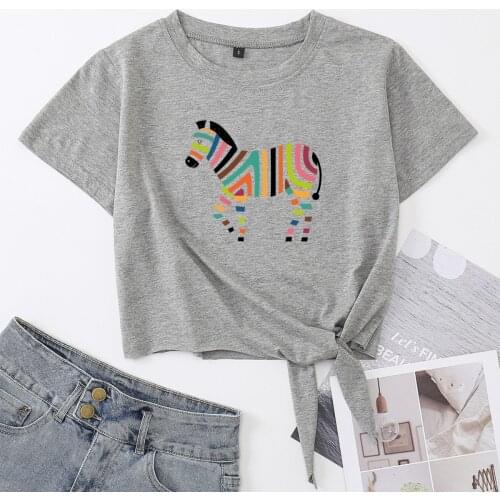 Rainbow Zebra Animal Lover Crop Top Womens Summer Short-sleeve Print Cotton T-shirt Cropped Tops Graphic Tee with Front Knot