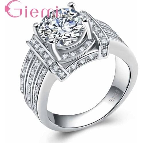 Retro Wedding Propose Rings For Women Shiny White Clear Crystal Wide Finger Decor 925 Sterling Silver Jewelry Gifts