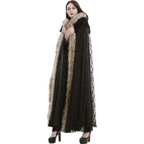 Winter Steampunk European And American Style Gothic Palace Lace Long Cloak Female Coats Outwear Black Color Flocking Plush