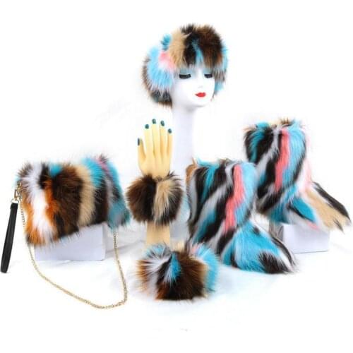 Winter Imitation Fox Fur Mid-tube Snow Boots Ladies Furry Warm Hair Band Clutch Bag Fashion Five-piece Set