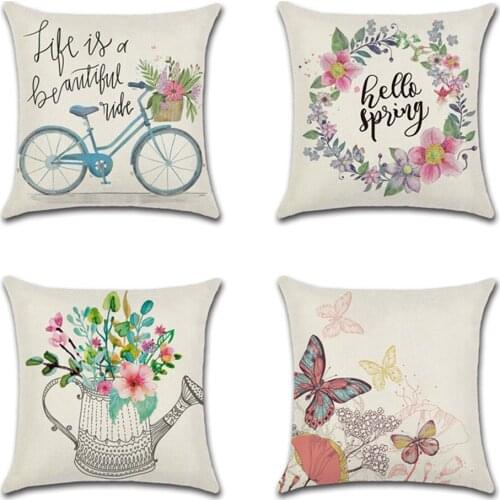 1pcs Flower butterfly bicycle spring theme 45*45cm Cushion Cover Linen Throw Pillow Car Home Decoration Decorative Pillowcase