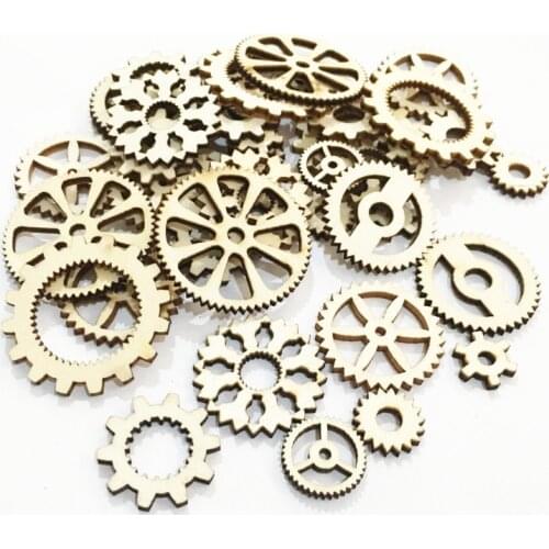 100pcs 15-35mm Mixed Wheel Gear Pattern Natrual Wooden Scrapbooking Hollow Crafts for Handmade Cogs