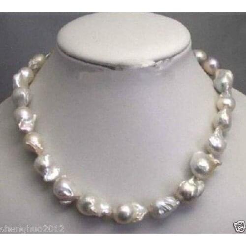 FREE SHIPPING>>>Large 15--23mm White Unusual Baroque Pearl Necklace disc Clasp 18
