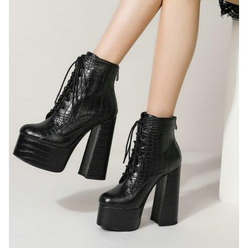 Fashion Crocodile Print Ankle Boots Platform Women Boots Square High Heel Cross Tied Punk Short Boots Autumn Winter Woman Shoes