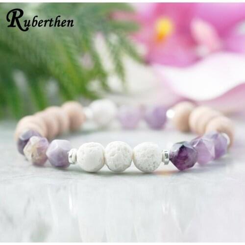 Ruberthen Amethys t Healing Crystals Bracelet Essential Oil Diffuser Bracelet White Lava Stone Rosewood Bracelet Anxiety Relief