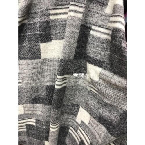 Imported high hair thickening Black and white and gray color geometric grid knitting wool fabric Coat the cloak