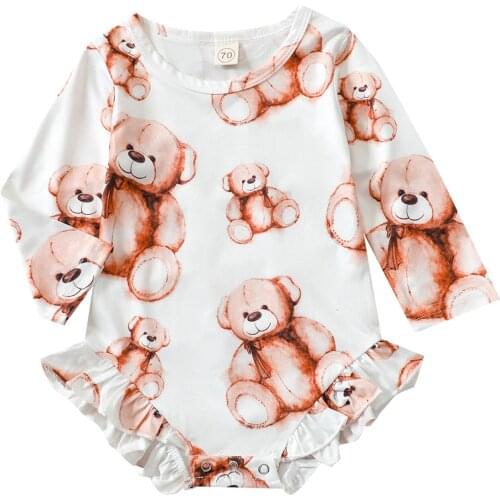 0-24 Months Toddle Infant Baby Girls Bear Rompers, Cartoon Bear Print Long Sleeve Crew Neck Ruffle Bodysuits For Newborn Girls