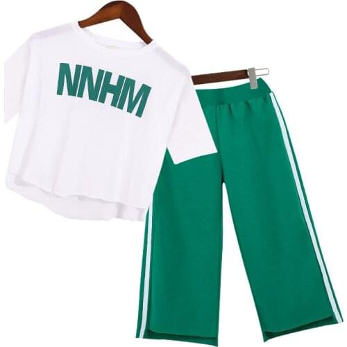 Kids girls summer 2pcs suit, short-sleeved letters printed T-shirt + stripe trousers seven new big virgin suit 4-12 years old