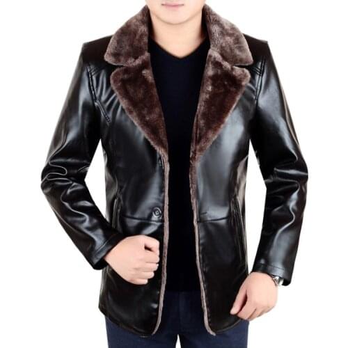 Smart Casual Winter Thick Warm Fleece Lining Men PU Leather Jackets Long Sleeve Single Breasted Lapel Loose Male Outerwear Coats