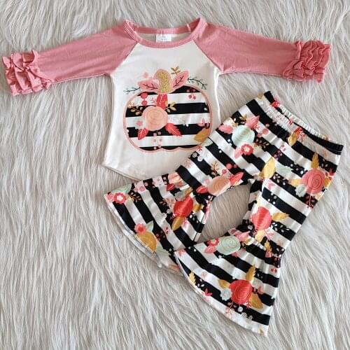 Hot sale fashion kids designer clothes girls fall outifts Halloween pumpkin print boutique kids clothing toddler girls outfits