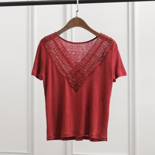 Linen T-shirt Short Sleeve Hollow Out Patchwork Décolleté V et dentelles croisées dans le dos Shirt Elegant Retro Hauts Femme