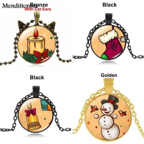Mendittorosa Cartoon Glass Cabochon Jewelry With Black Necklace Choker Long Pendant Necklace For Unisex Gift Happy Santa Claus
