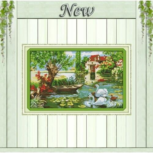 Love Home swan Homeland view Europe Scenery,Counted print on canvas DMC 14CT 11CT DIY Cross Stitch Needlework kit Embroidery Set