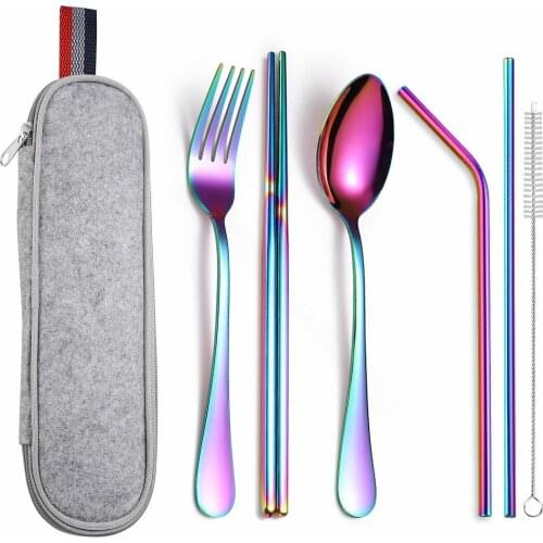 Tableware Bag Camping Cutlery Set Portable Travel Stainless Steel Cutlery Set Rainbow Fork Spoon Knife Chopsticks Dinnerware Set