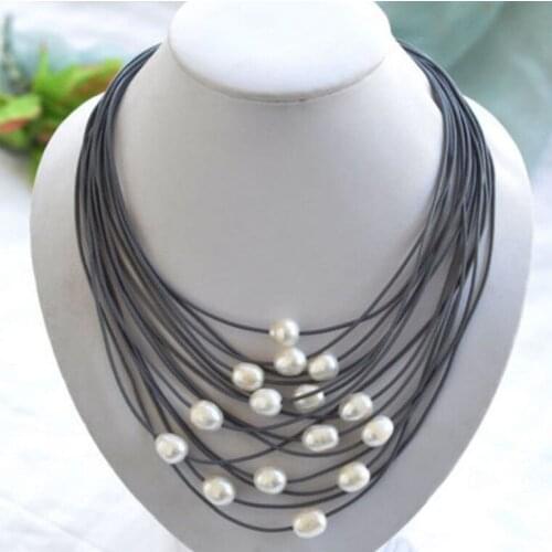 New Fashion 15 Rows Black Leather Rope & 11-13mm White Freshwater Pearl Necklace