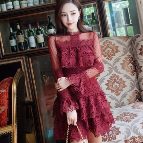 New Spring Woman Lace Dress burgundy Retro Long sleeve high Sexy Self party Dress Female clothing Autumn