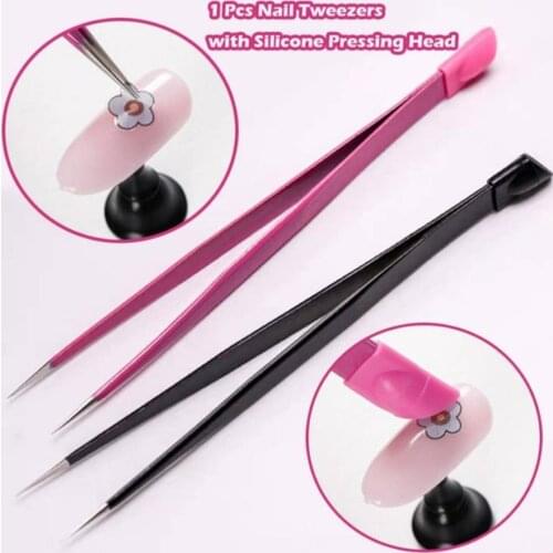 Nail Tweezers Embossed Stickers Multi-Function Double-Headed Static-Free Tweezers Eyebrow Eyelash Tweezers Nail Art Tools Pink