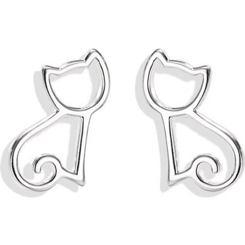 MOONROCY Silver Color Cute Cat Earrings Stud Simple Trendy Party Hollow Jewelry Wholesale for Women Girls Gift Dropshipping