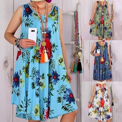 Women Summer Bohemian Style Casual Loose O-neck Print Party Dress Vintage Sexy Spaghetti Strap A-line Beach Dress Vestidos