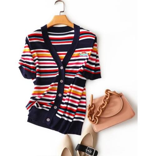 100% tencel v neck cardigan women summer fashion casual short sleeve rainbow striped coat
