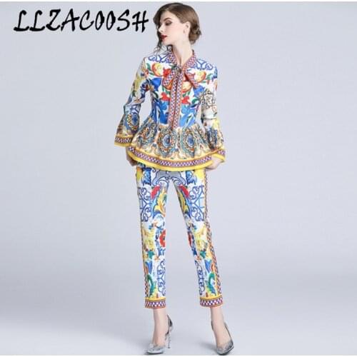 2018 Fashion Runway Pants Suit Sets Womens Flare Sleeve Bow Collar Print Blouses and Casual Pants Two Pieces Set