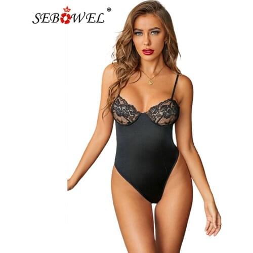SEBOWEL Sexy Romantic Black Lace Bodycon Bodysuit Women Hollow Out Sleeveless Curve Skinny Thong Bodysuits Body Top Rompers