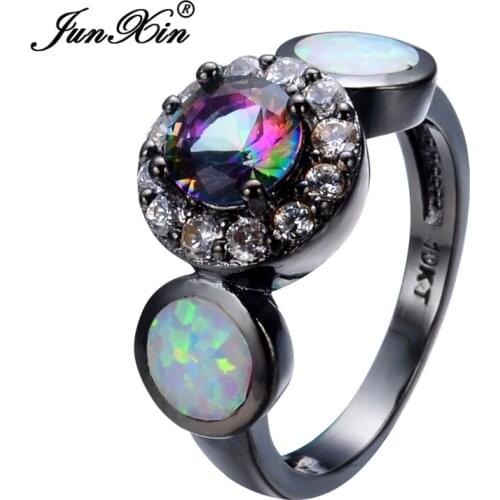 Rainbow Round Female Opal Ring 2017 Black Gold Filled Jewelry Natural Stone Wedding Rings For Men And Women Bijoux Anel RB0306