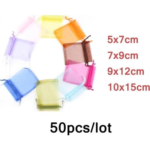 50pcs/lot 5x7 7x9 9x12 10x15cm Organza Bags Jewelry Packaging Bags Gifts Candy Pouches for Wedding Party Decoration Drawable Bag