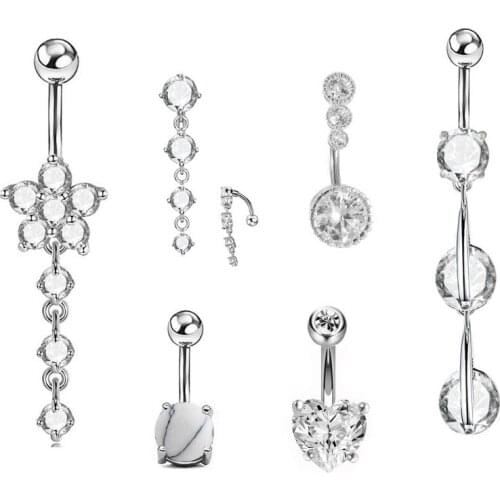 6pcs Stainless Steel Crystal Belly Rings Navel Button Dangle Rings Trendy Sexy Navel Bar Cute Belly Ring Piercing Jewelry