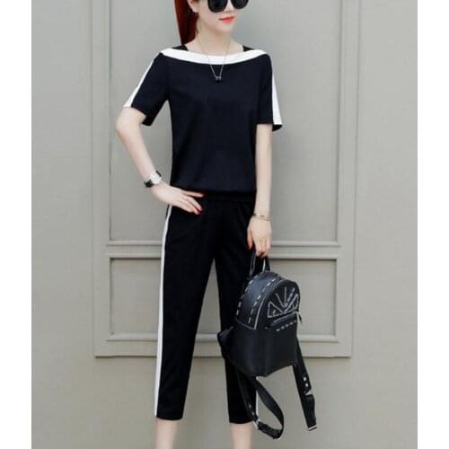 Womens casual stitching striped pants suit 2019 summer short-sleeved top + seven pants two-piece