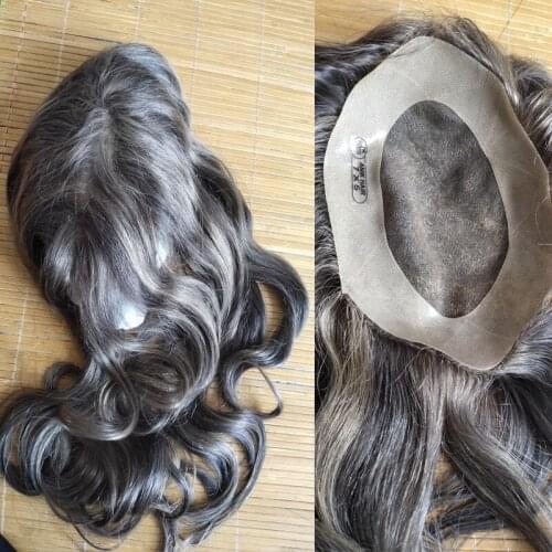 BYMC Grey 12.5*17.5cm Wavy mono+pu Hair Topper Hairpieces for Women 100% Natural Full Lace +PU Made Remy Human Wig Toupee Hair