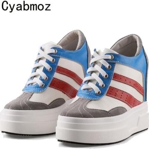 Cyabmoz Genuine Leather Hidden height increasing Shoes Woman Pumps Women High heels Mixed colors Party Shoes Tenis feminino