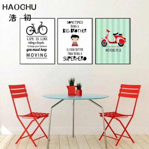 HAOCHU Nordic Minimalist Inspirational Quote Car Bicycle Cartoon Art Print Canvas Painting Wall Posters For Home Decor Boy Gifts