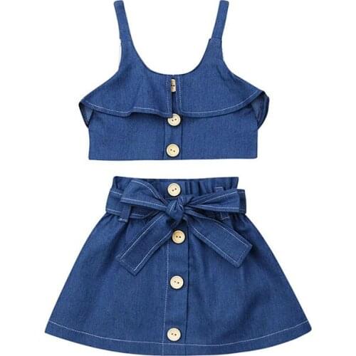 Girl camisole skirt suit Girl new denim dress suit Girl summer sleeveless camisole dress suit Girl cowboy cool suit