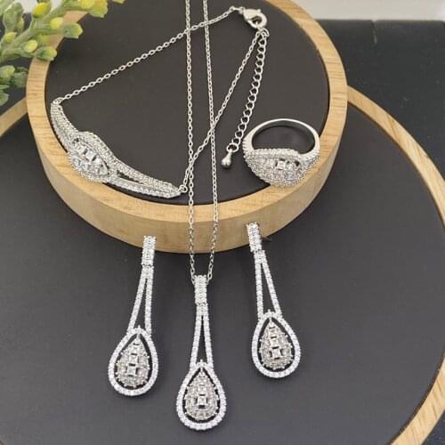 Lanyika Fashion Jewelry Set Artistic Peach Zirconia Micro Pave Necklace with Earrings, Bracelet and Ring for Woman Banquet Gifts