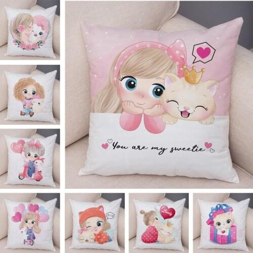 Lovely Girl and Cat Pillowcase Decor Cute Cartoon Child Cushion Cover Plush Pillow Case for Children Room Sofa Home Car 45x45cm