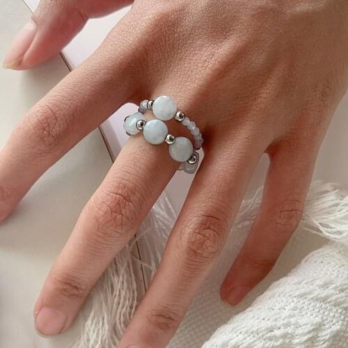 Fashion Aquamarine Wedding Rings for Women Blue Handmade Party Jewelry Stretchy Stainless Steel Ring Engagement Gifts Wholesale