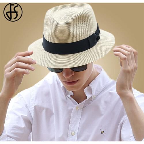 FS Vintage Panama Straw Hat Men Wide Brim Fedora Hats Mans Beach Sun Cap Jazz Ribbon Trilby Gangsters Caps Gentlemen Summer